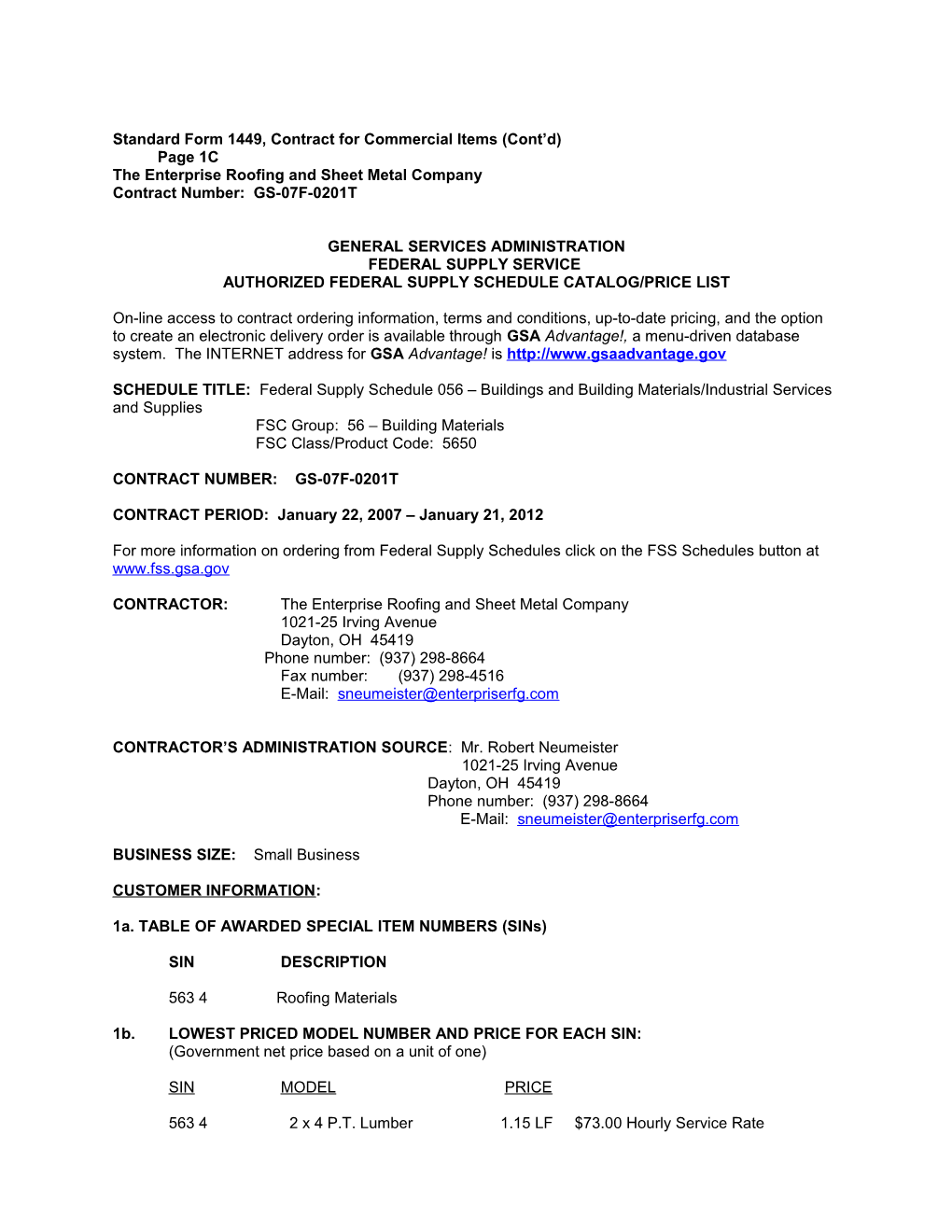 Standard Form 1449, Contract for Commercial Items (Cont D) Page 1A s2