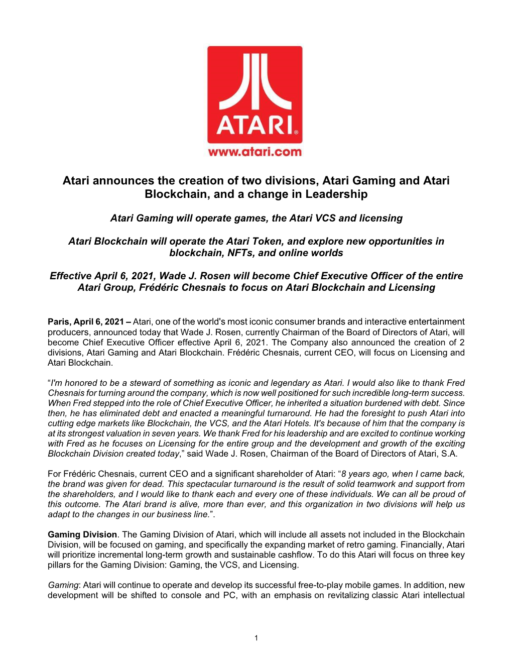 Atari Announces the Creation of Two Divisions, Atari Gaming and Atari Blockchain, and a Change in Leadership