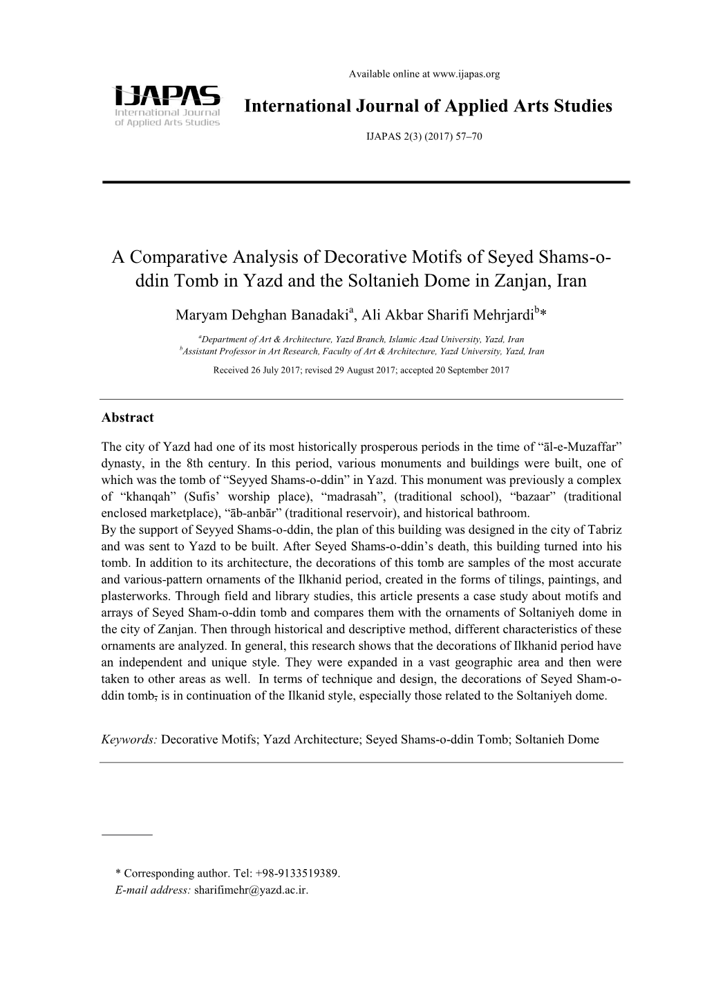 International Journal of Applied Arts Studies a Comparative Analysis of Decorative Motifs of Seyed Shams-O- Ddin Tomb in Yazd An