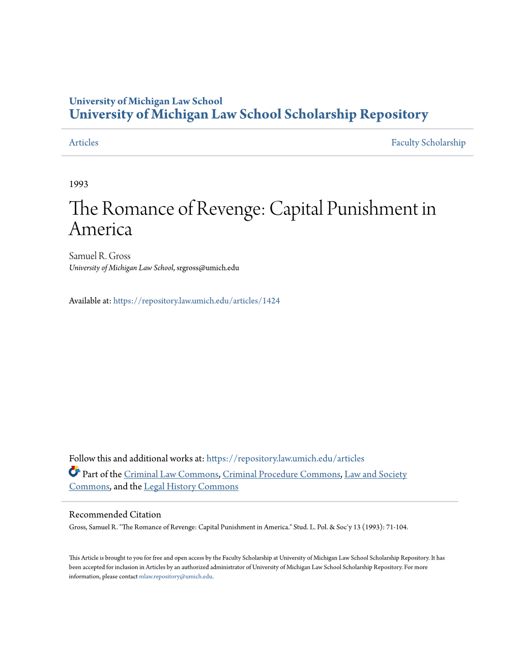 The Romance of Revenge: Capital Punishment in America Samuel R