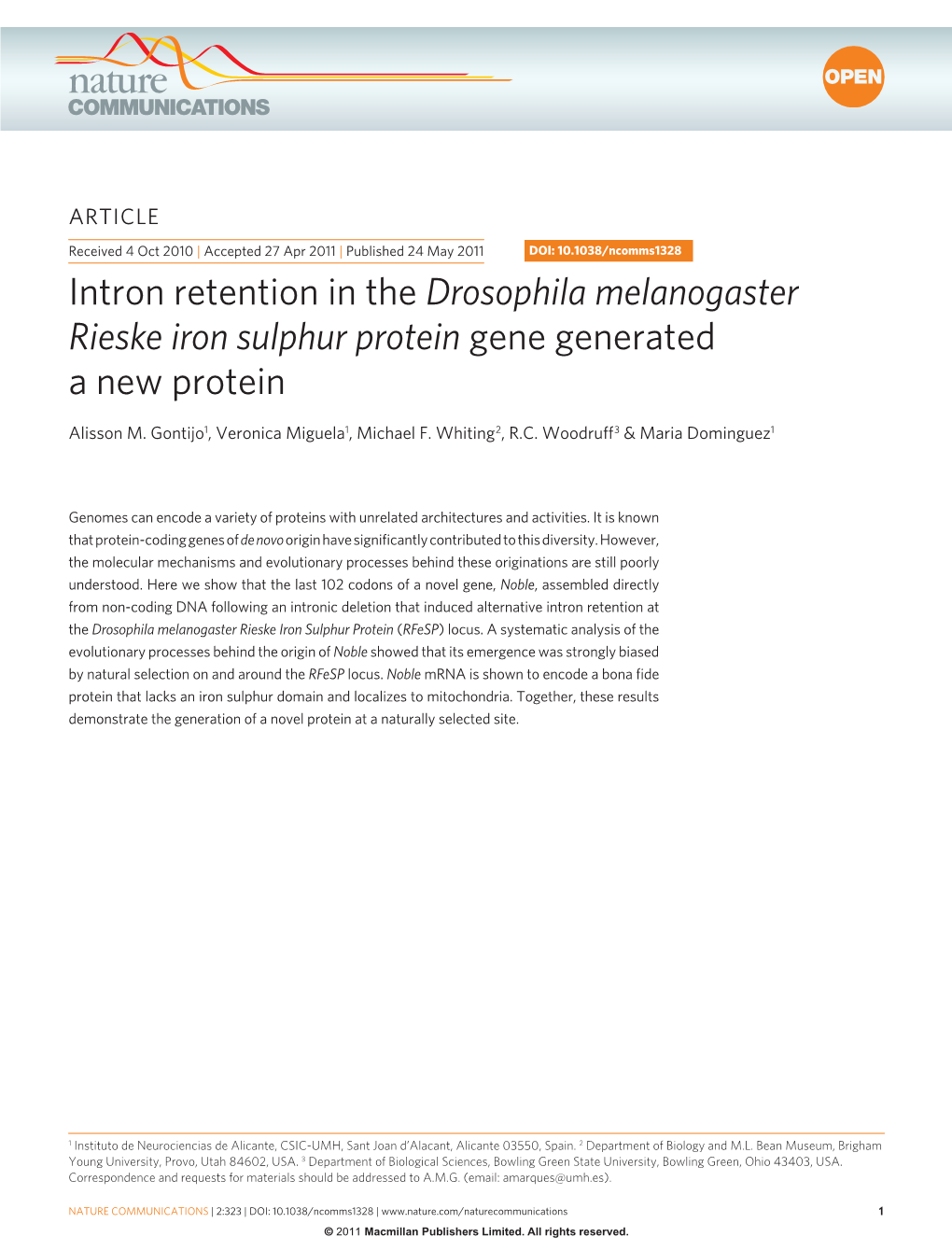 Intron Retention in the Drosophila Melanogaster Rieske Iron Sulphur Protein Gene Generated a New Protein