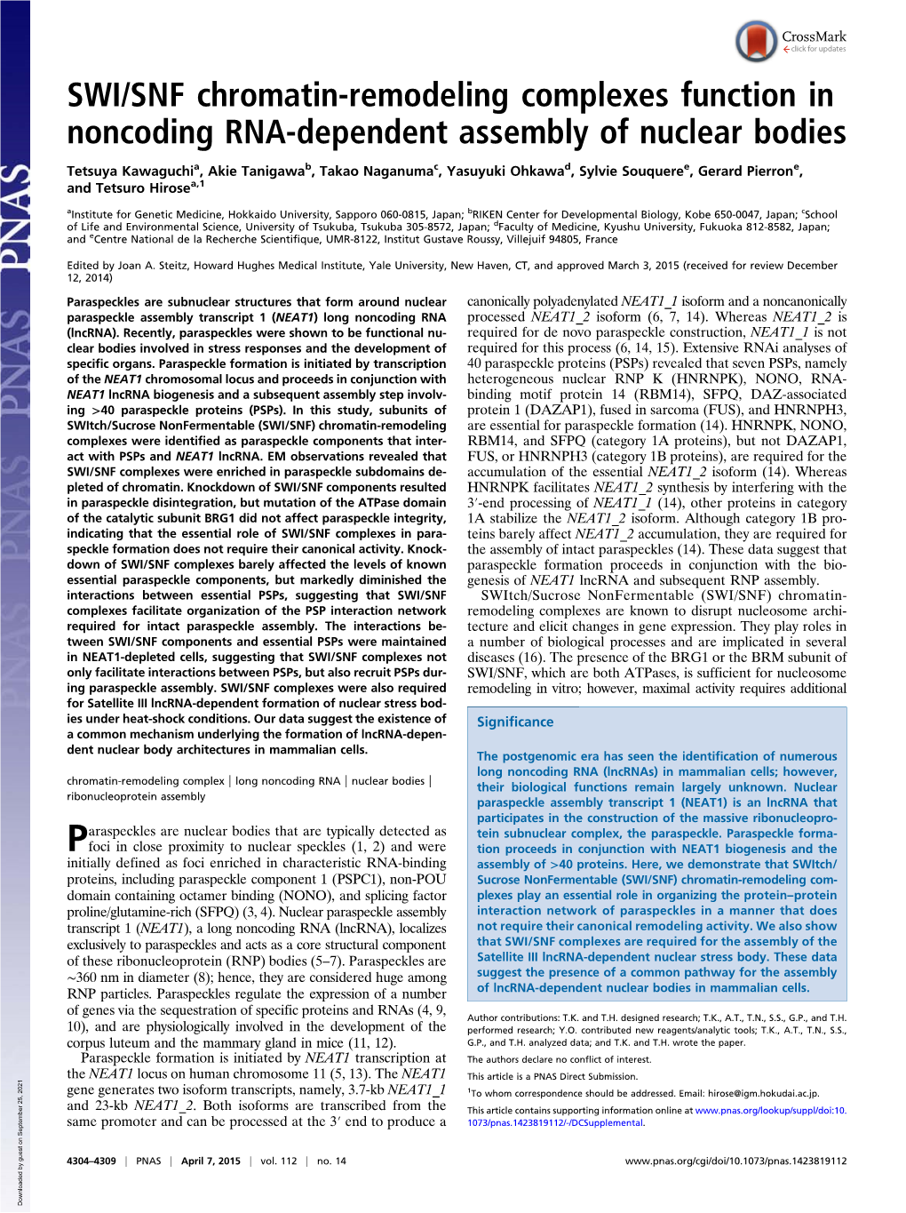 SWI/SNF Chromatin-Remodeling Complexes Function in Noncoding RNA-Dependent Assembly of Nuclear Bodies