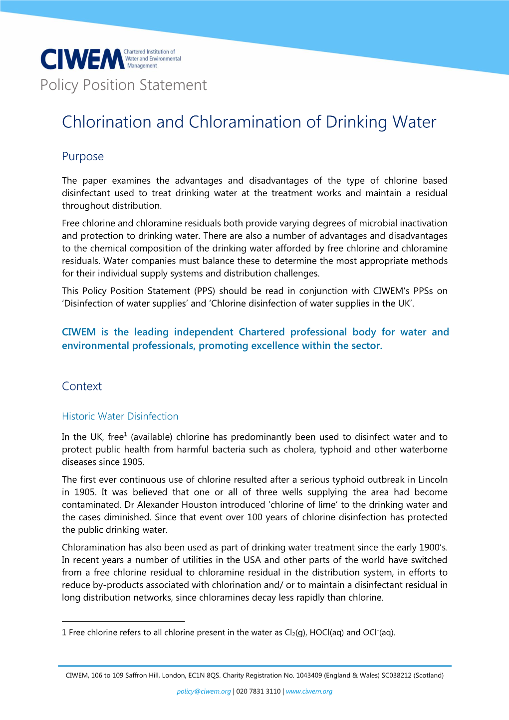 Chlorination and Chloramination of Drinking Water