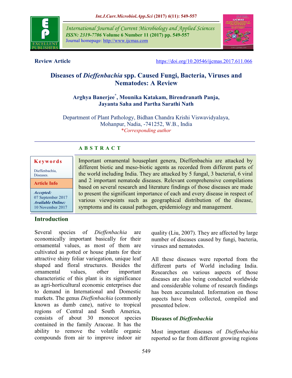 Diseases of Dieffenbachia Spp. Caused Fungi, Bacteria, Viruses and Nematodes: a Review