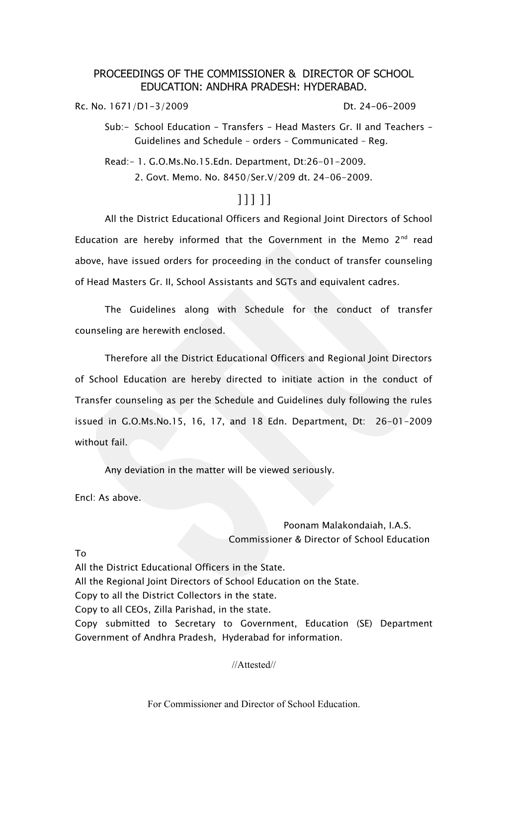 Proceedings of the Commissioner & Director of School Education: Andhra Pradesh: Hyderabad