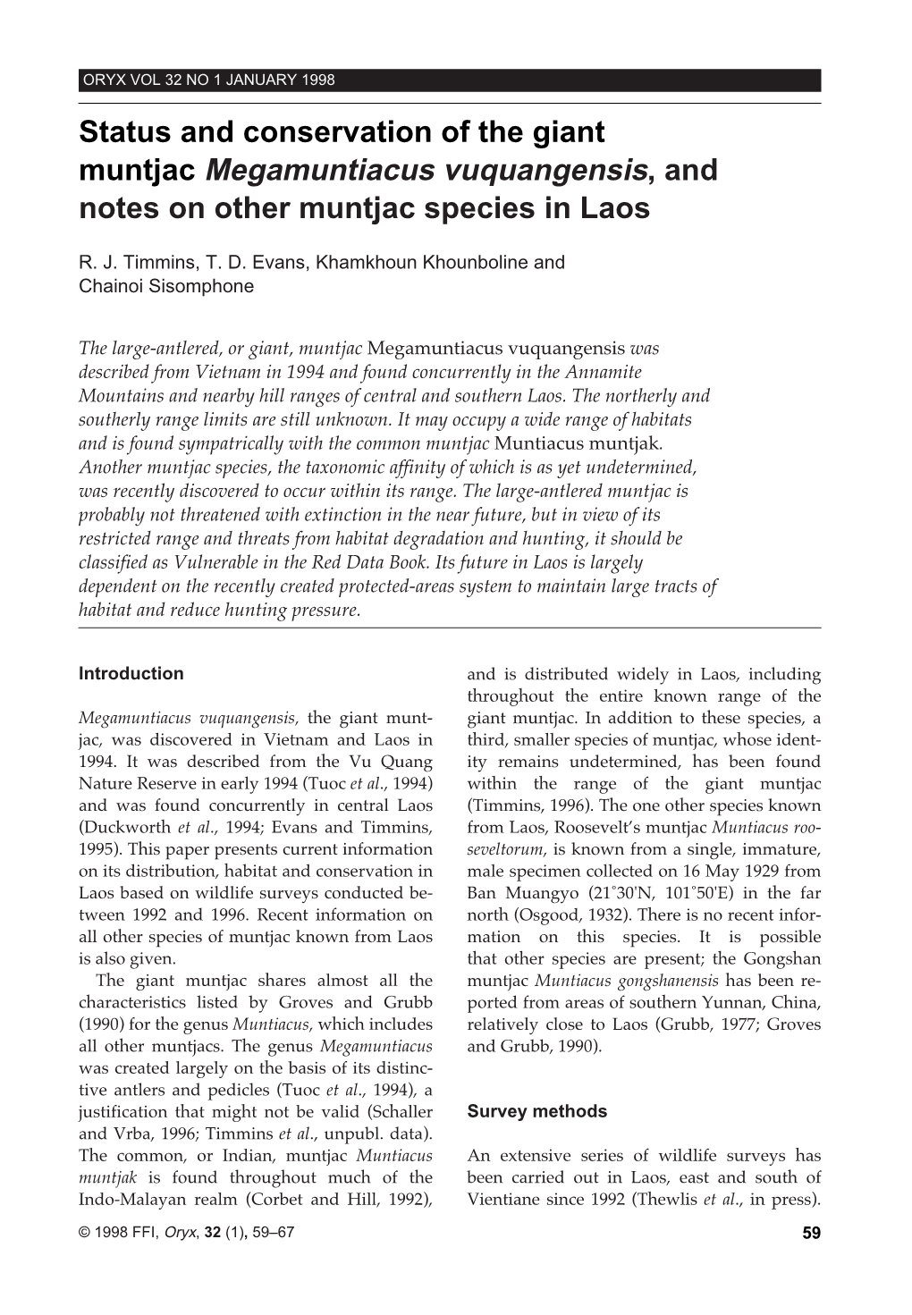 Notes on Other Muntjac Species in Laos