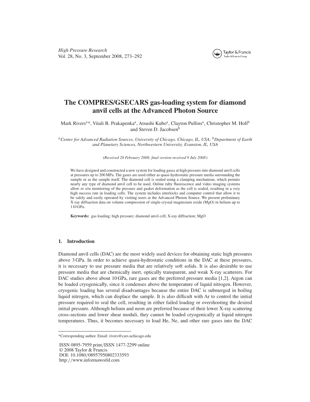 The COMPRES/GSECARS Gas-Loading System for Diamond Anvil Cells at the Advanced Photon Source