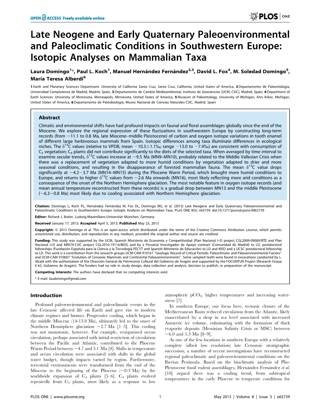 Late Neogene and Early Quaternary Paleoenvironmental and Paleoclimatic Conditions in Southwestern Europe: Isotopic Analyses on Mammalian Taxa