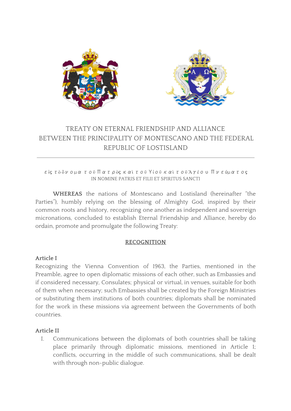 Treaty on Eternal Friendship and Alliance Between the Principality of Montescano and the Federal Republic of Lostisland