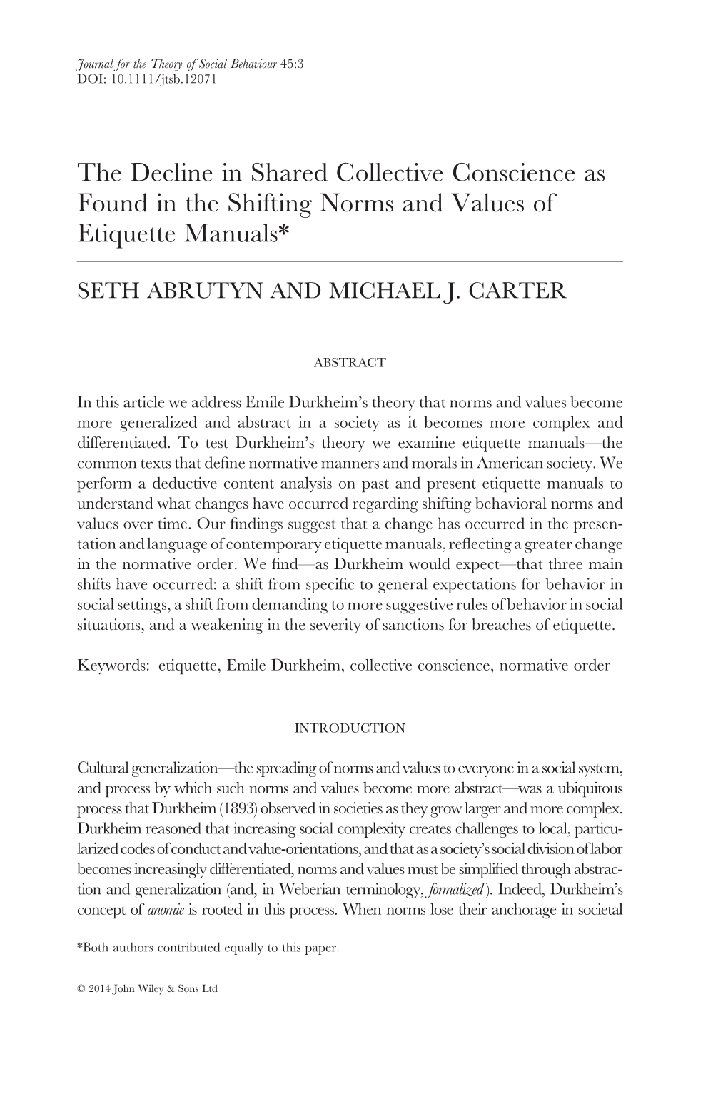 The Decline in Shared Collective Conscience As Found in the Shifting Norms and Values of Etiquette Manuals*