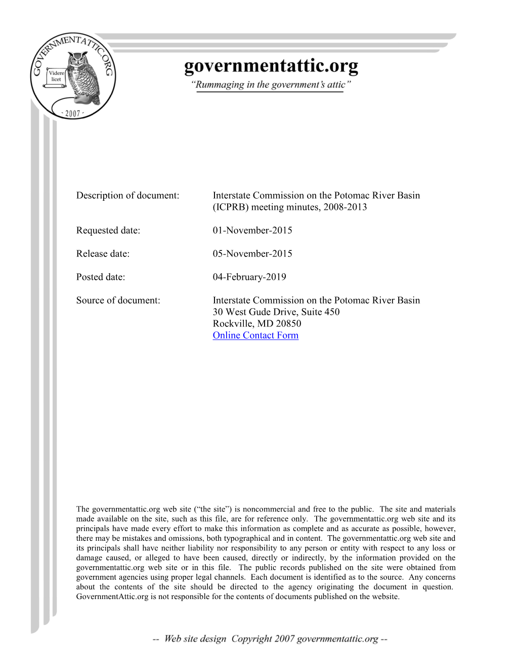 Interstate Commission on the Potomac River Basin (ICPRB) Meeting Minutes, 2008-2013