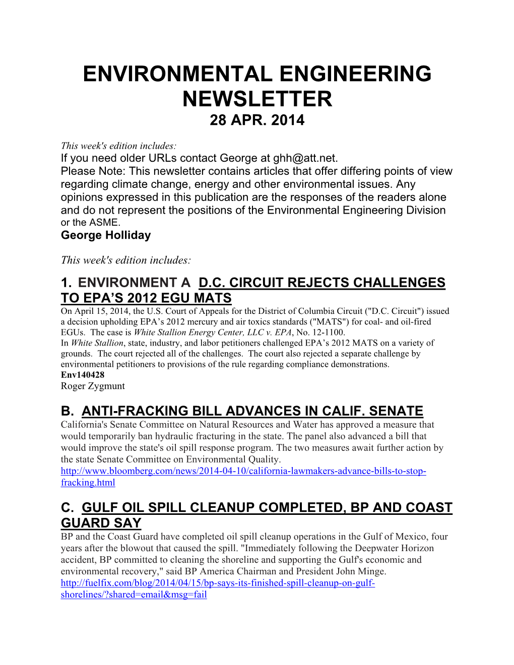 Environmental Engineering Newsletter 28 Apr