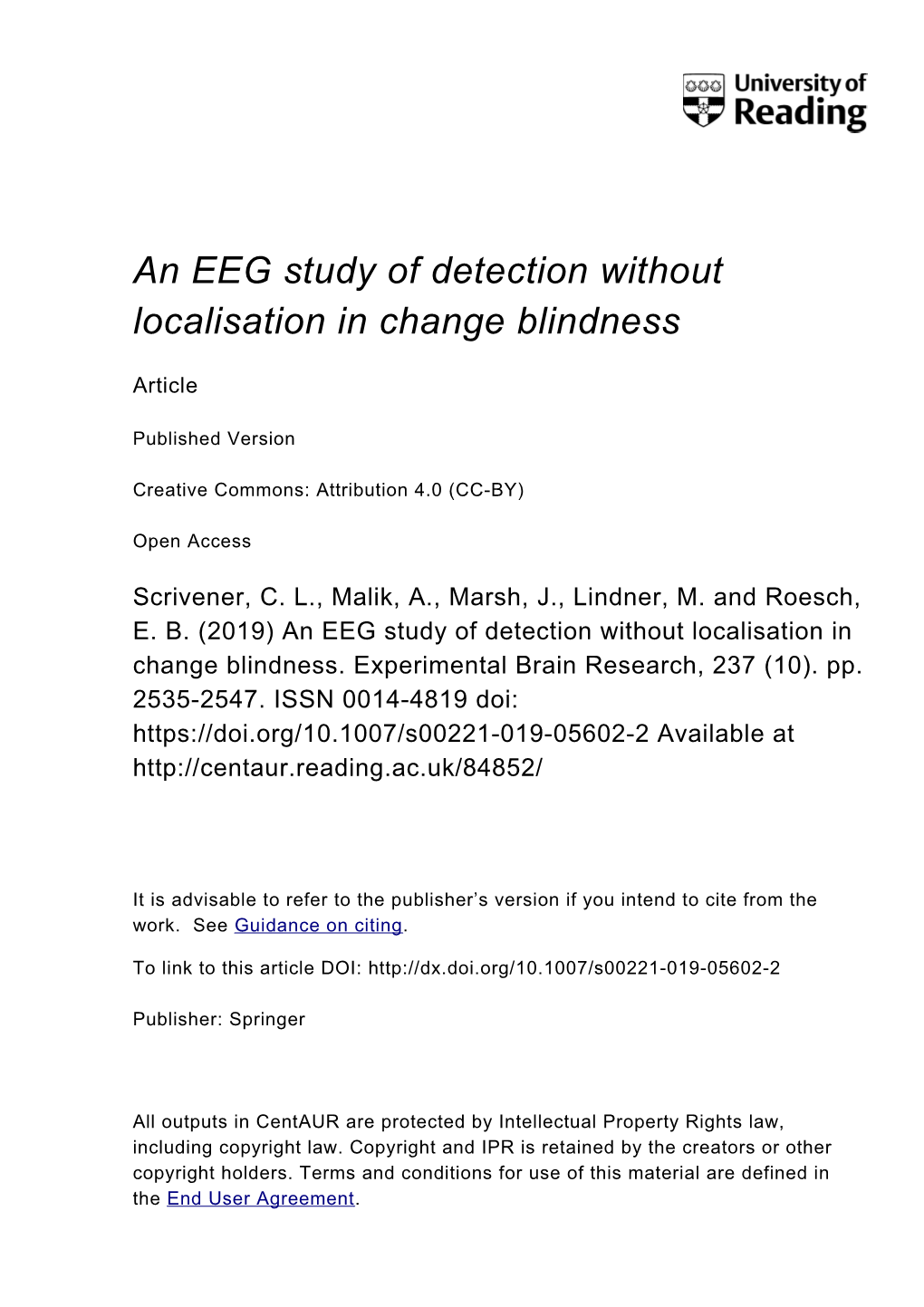 An EEG Study of Detection Without Localisation in Change Blindness