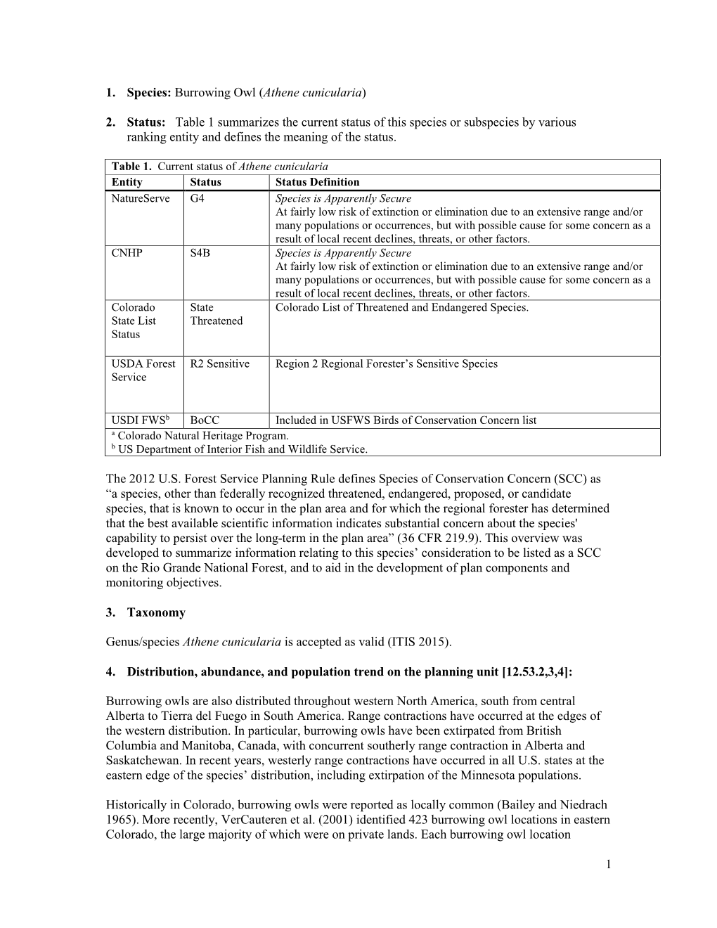 1 1. Species: Burrowing Owl (Athene Cunicularia) 2. Status: Table 1