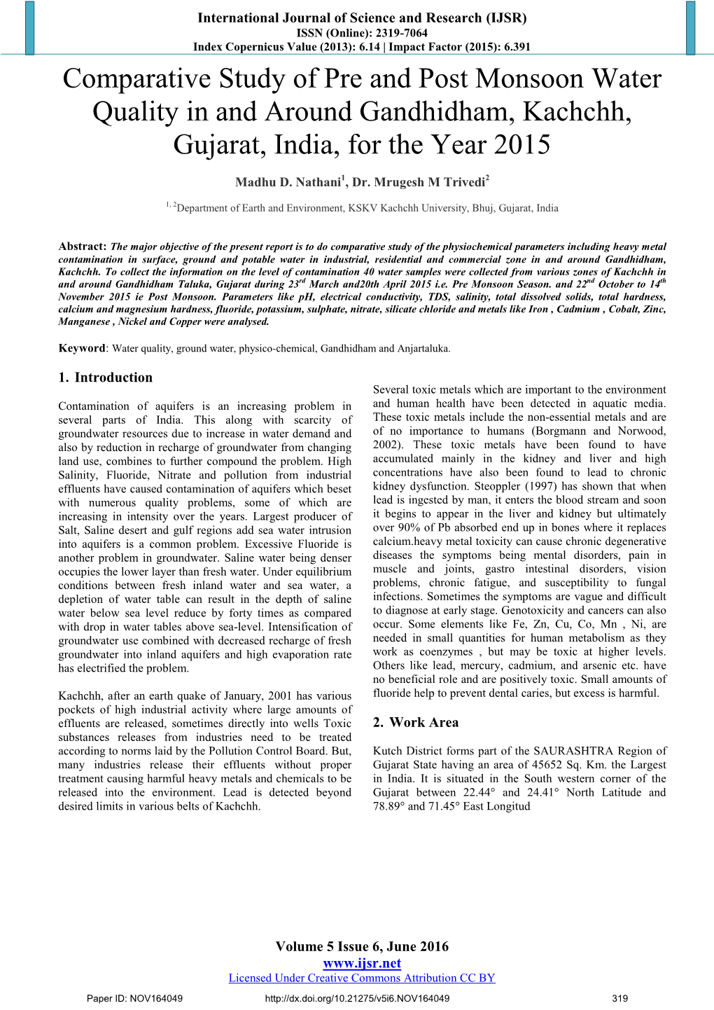 Comparative Study of Pre and Post Monsoon Water Quality in and Around Gandhidham, Kachchh