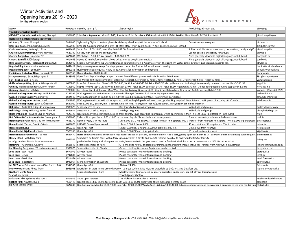 Winter Activities and Opening Hours 2019 - 2020 for the Akureyri Region