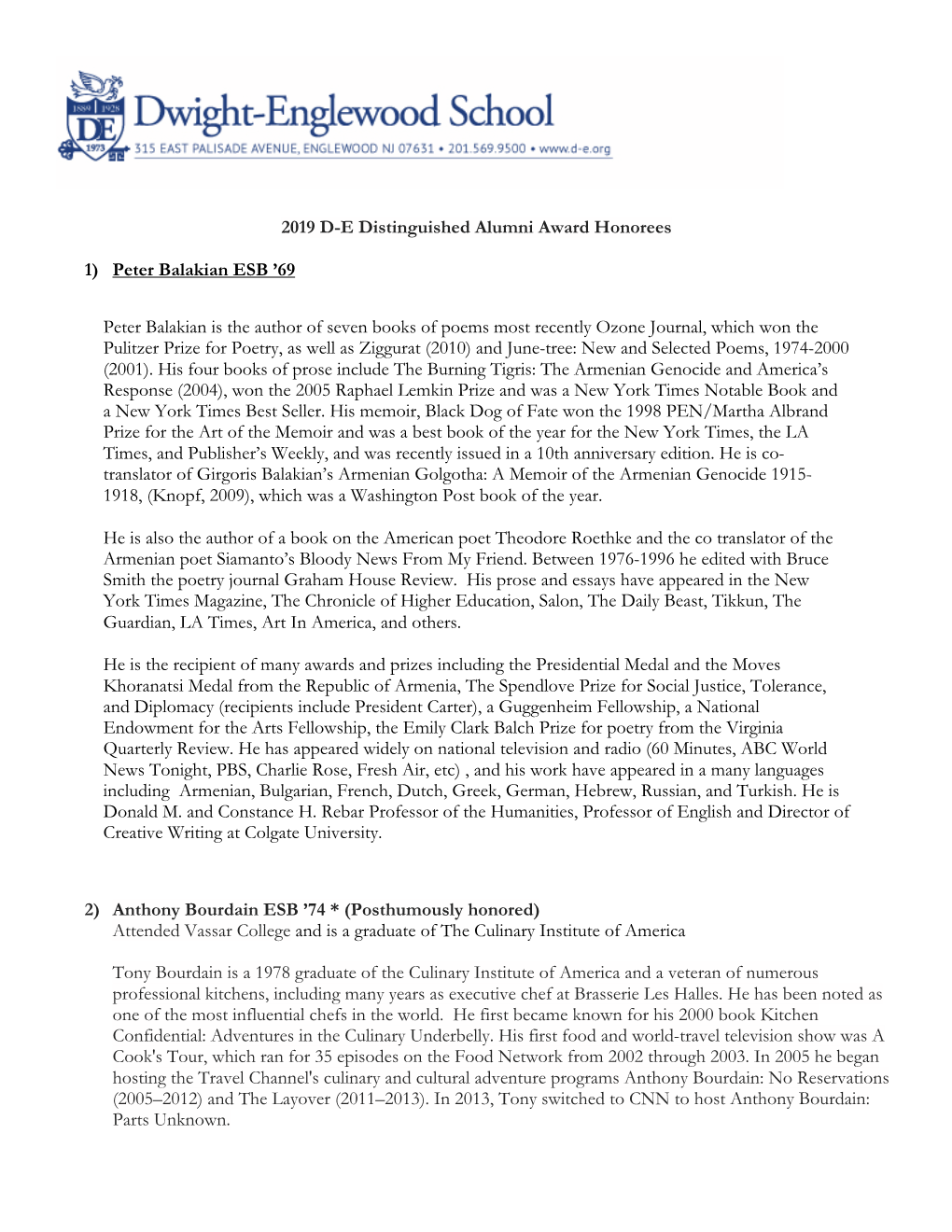 2019 D-E Distinguished Alumni Award Honorees 1) Peter Balakian ESB