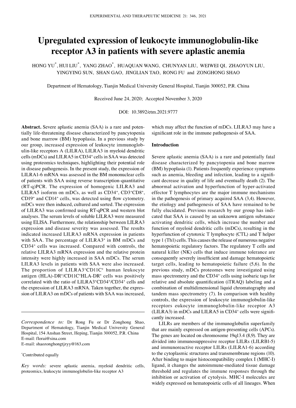 Upregulated Expression of Leukocyte Immunoglobulin‑Like Receptor A3 in Patients with Severe Aplastic Anemia