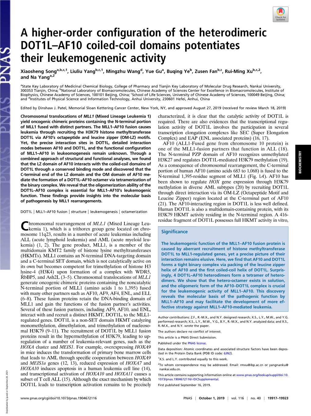 A Higher-Order Configuration of the Heterodimeric DOT1L–AF10 Coiled-Coil Domains Potentiates Their Leukemogenenic Activity