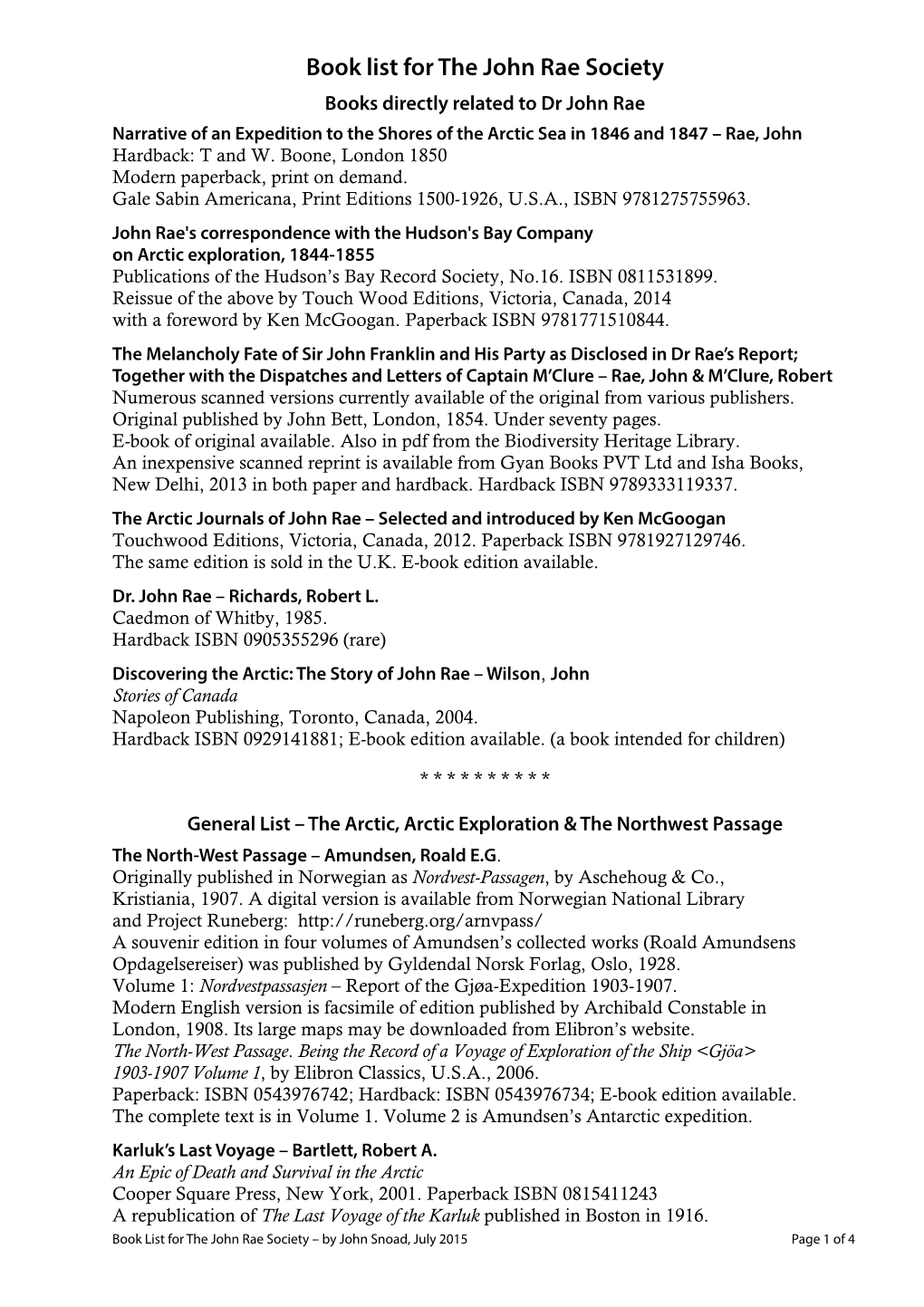 Book List for the John Rae Society