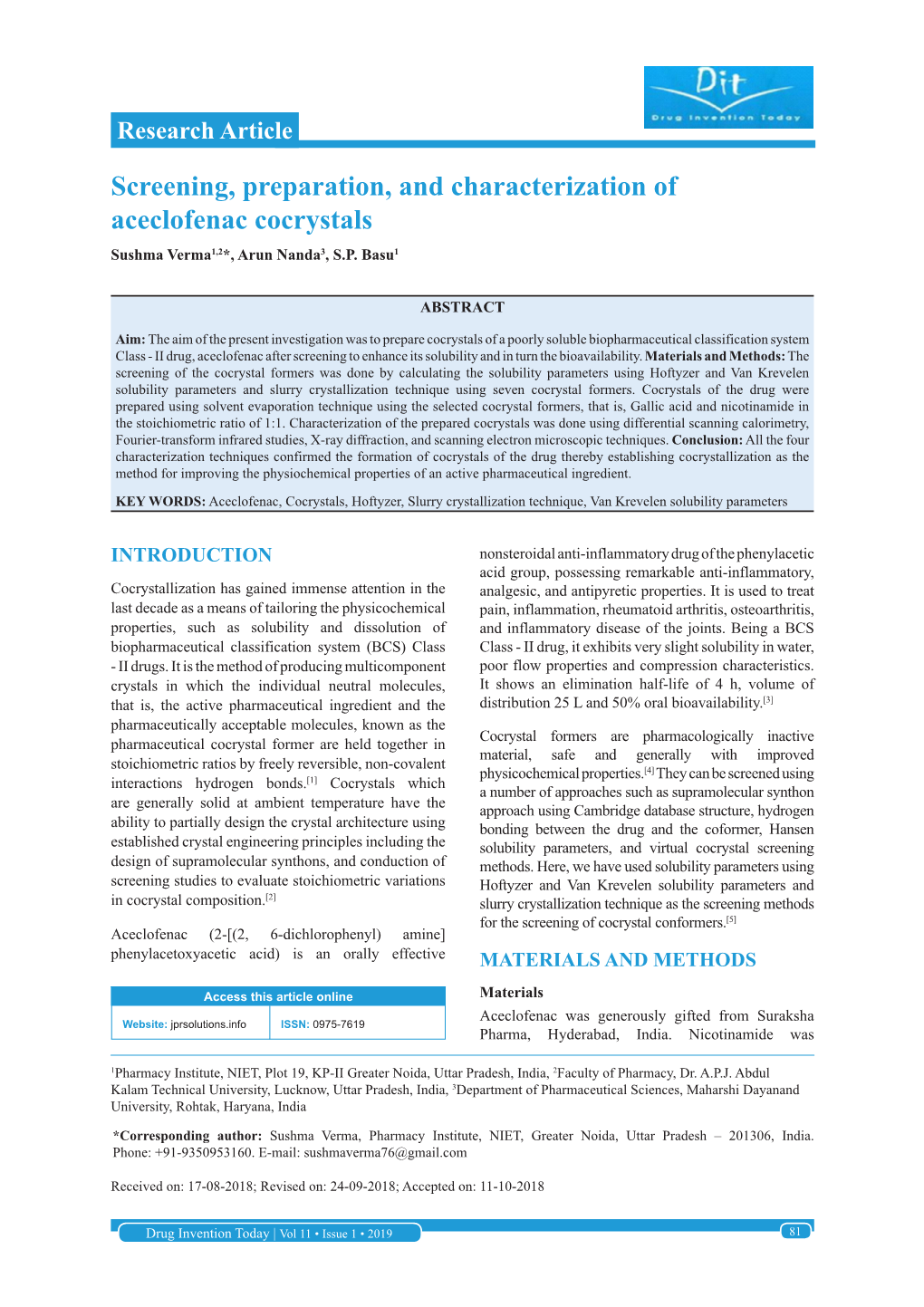 Screening, Preparation, and Characterization of Aceclofenac Cocrystals Sushma Verma1,2*, Arun Nanda3, S.P