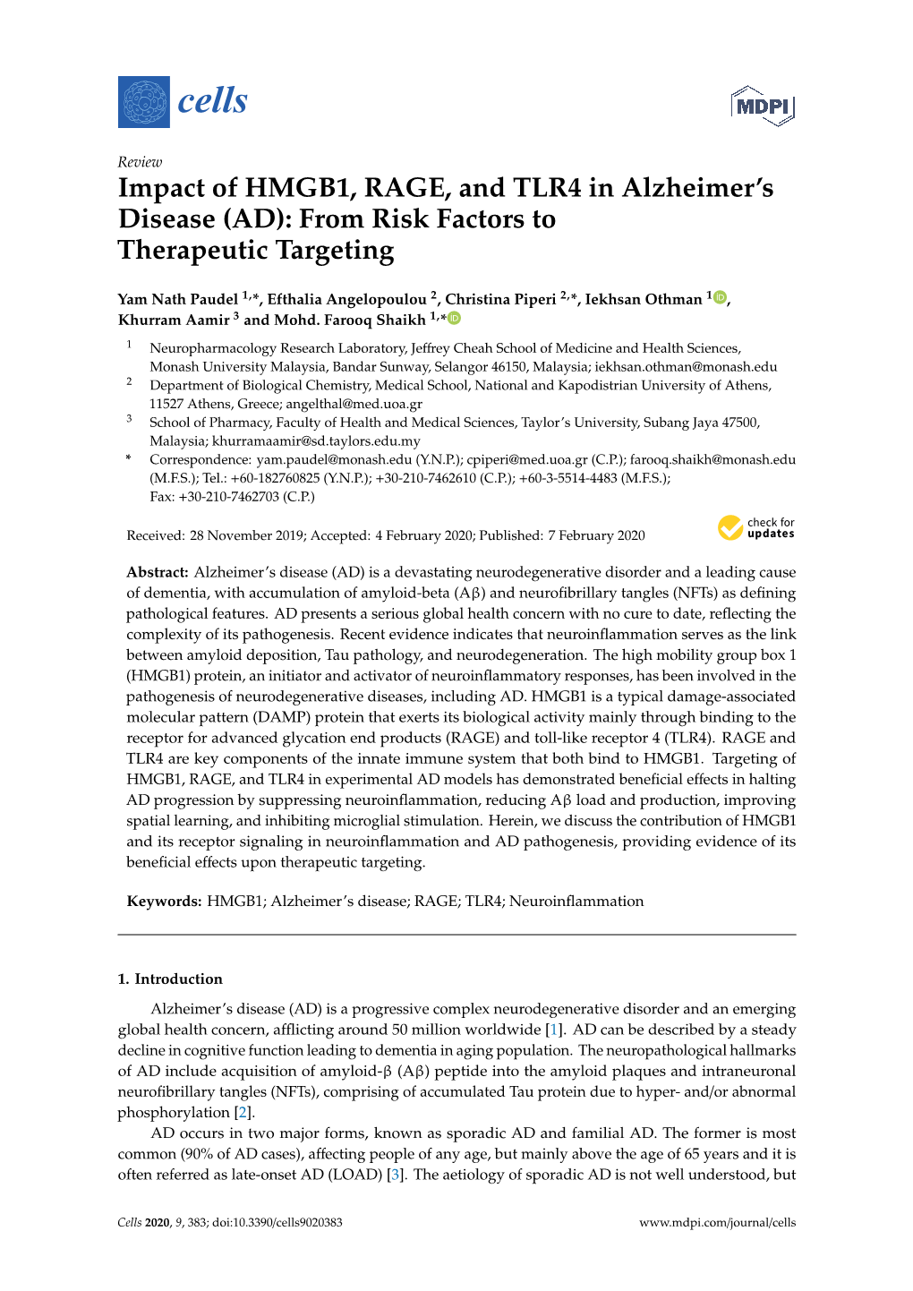 Impact of HMGB1, RAGE, and TLR4 in Alzheimer's Disease (AD)