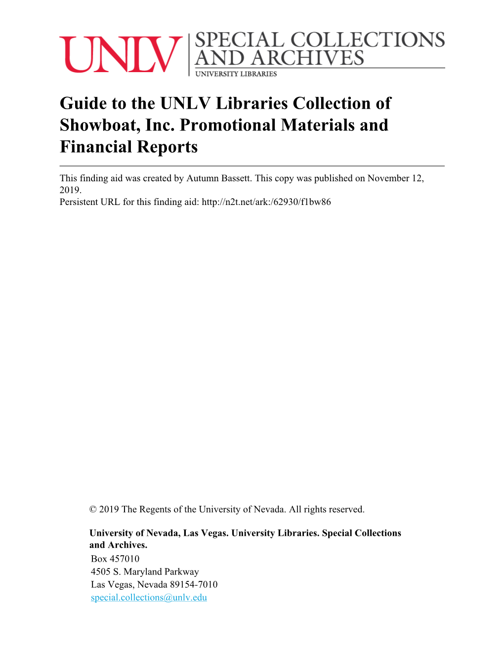 Guide to the UNLV Libraries Collection of Showboat, Inc