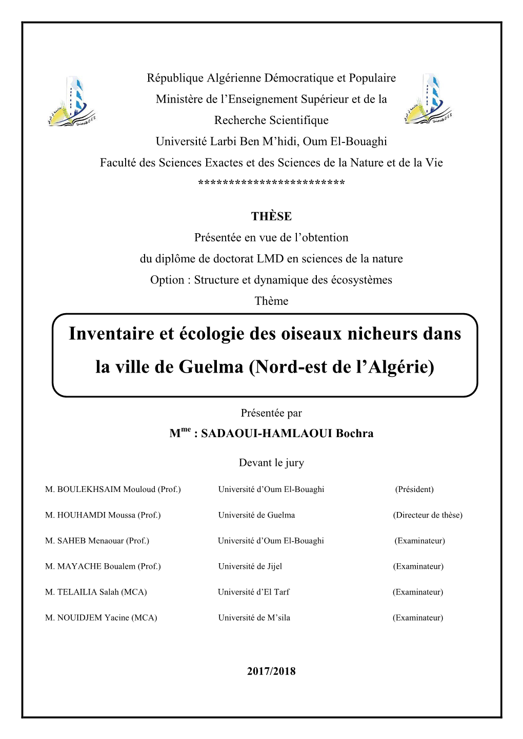 Inventaire Et Écologie Des Oiseaux Nicheurs Dans La Ville De Guelma (Nord-Est De L’Algérie)