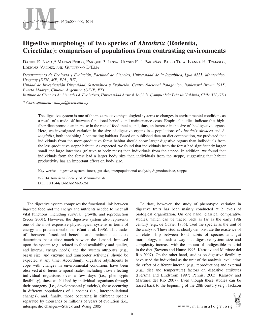 Digestive Morphology of Two Species of Abrothrix (Rodentia, Cricetidae): Comparison of Populations from Contrasting Environments