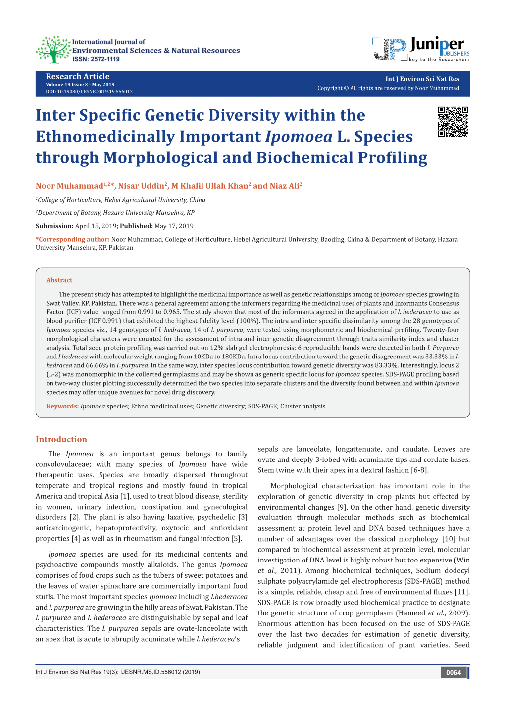 Inter Specific Genetic Diversity Within the Ethnomedicinally Important Ipomoea L