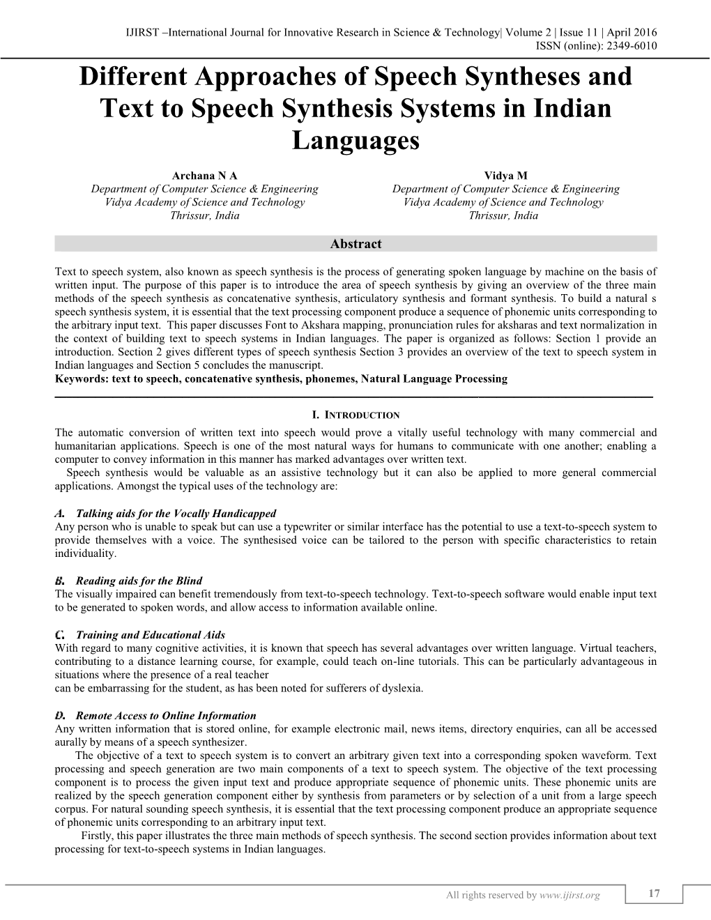 Different Approaches of Speech Syntheses and Text to Speech Synthesis Systems in Indian