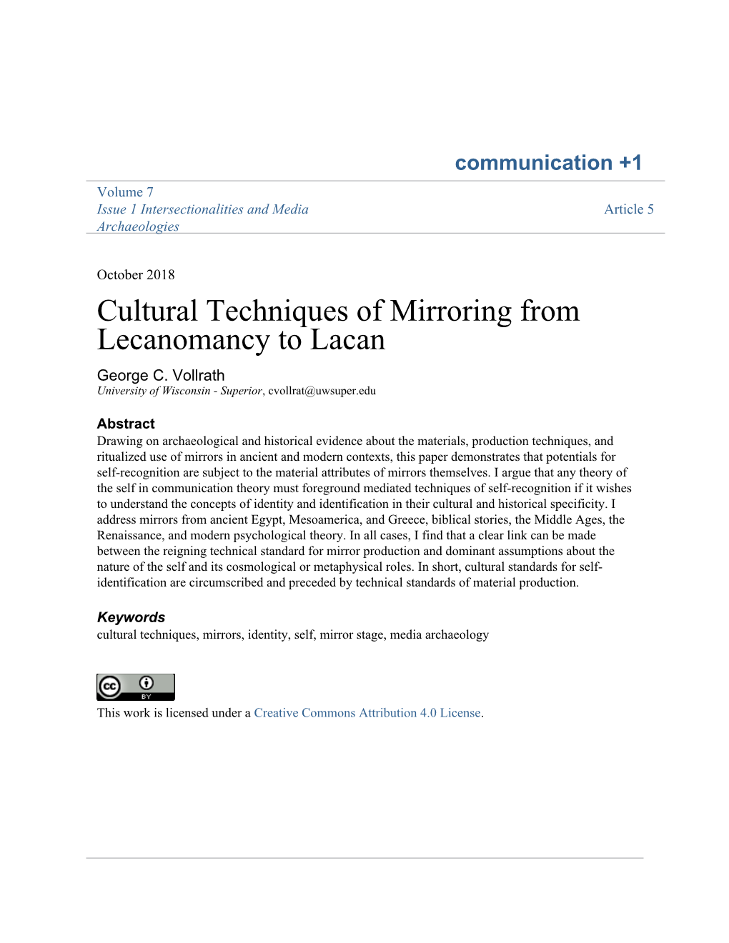 Cultural Techniques of Mirroring from Lecanomancy to Lacan George C