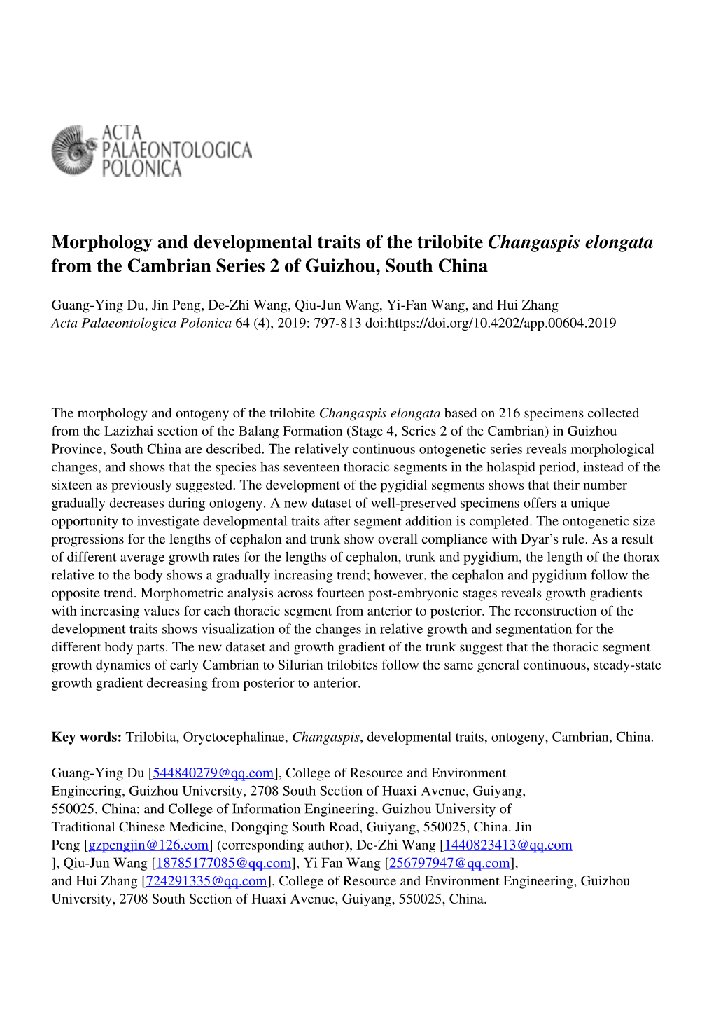 Morphology and Developmental Traits of the Trilobite Changaspis Elongata from the Cambrian Series 2 of Guizhou, South China