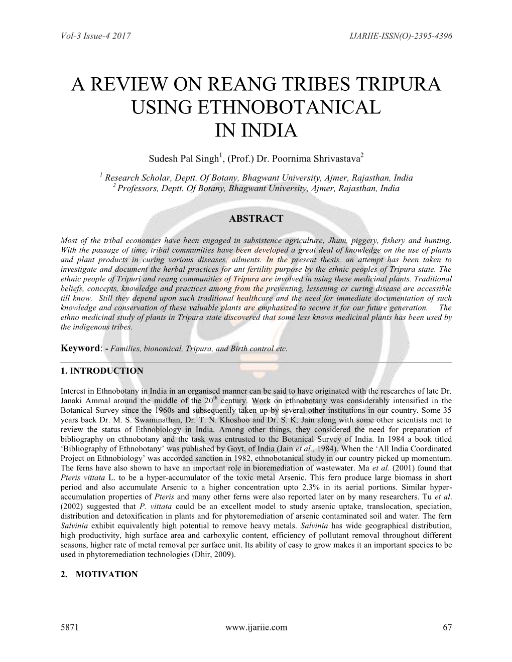 A Review on Reang Tribes Tripura Using Ethnobotanical in India