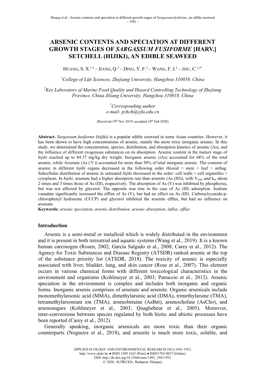 Arsenic Contents and Speciation at Different Growth Stages of Sargassum Fusiforme, an Edible Seaweed - 1941