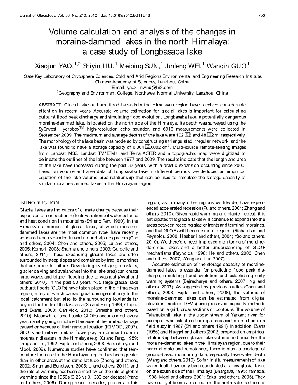 Volume Calculation and Analysis of the Changes in Moraine-Dammed Lakes in the North Himalaya: a Case Study of Longbasaba Lake