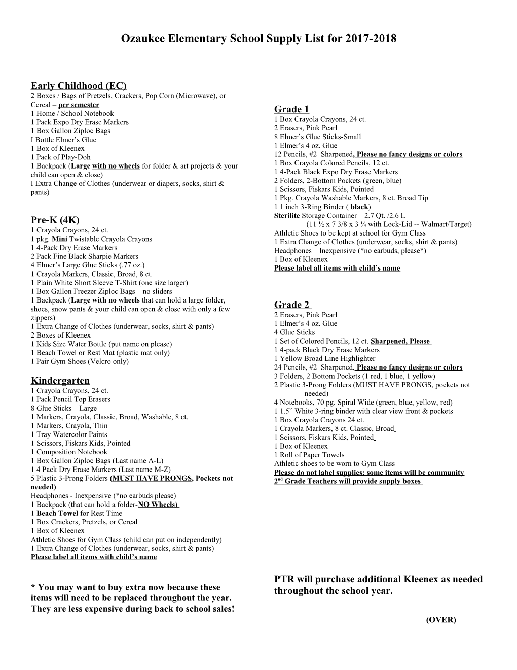 Ozaukee Elementary School Supply List for 2010-2011