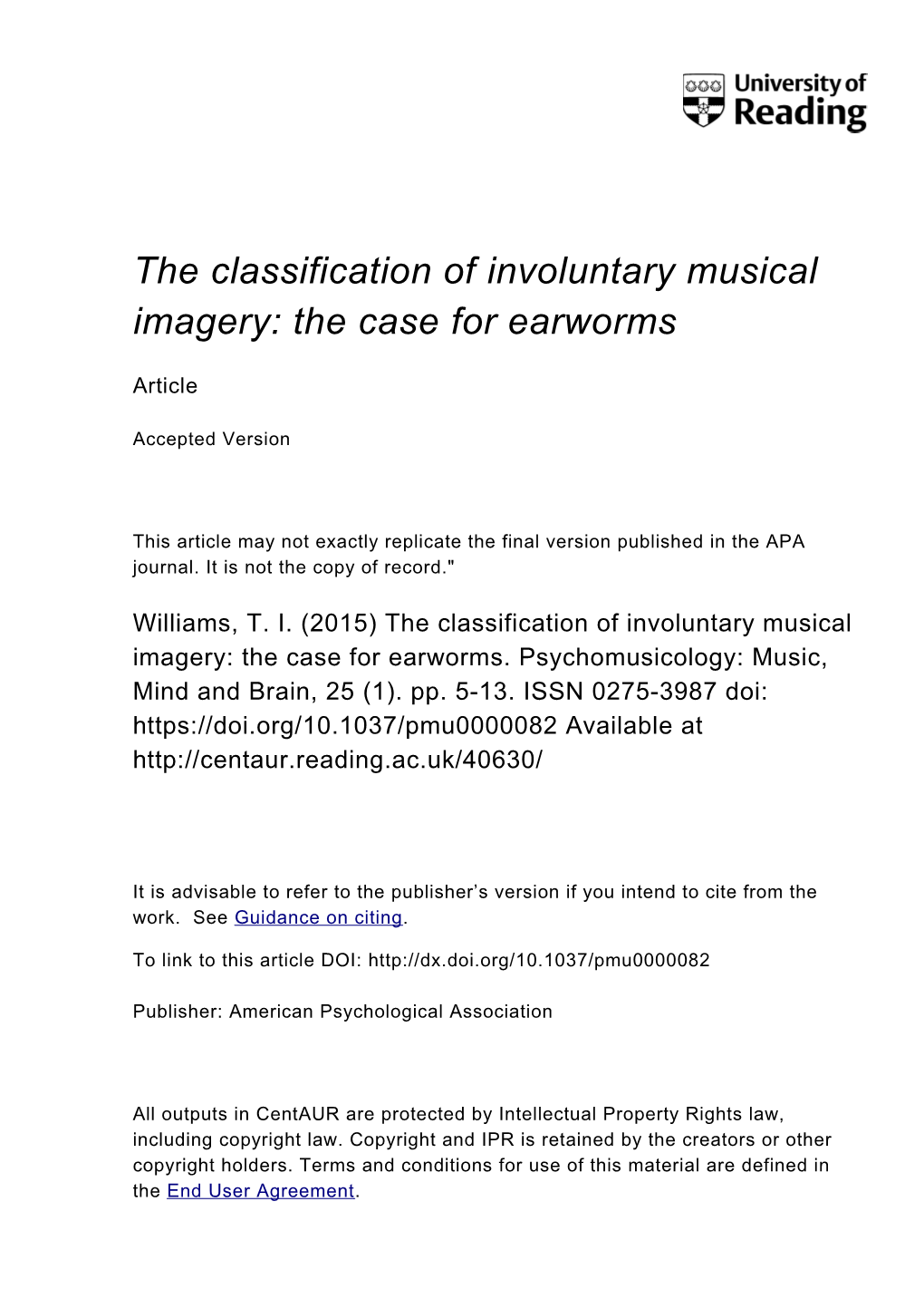 The Classification of Involuntary Musical Imagery: the Case for Earworms