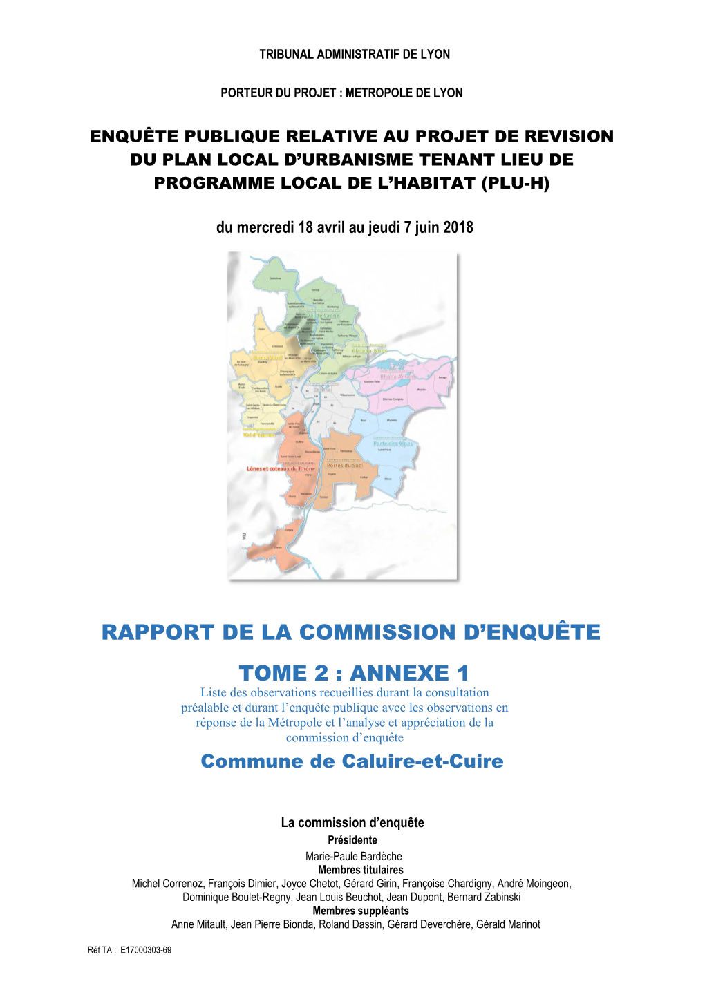 Rapport De La Commission D'enquête Sur Le Projet De Révision Du PLU-H