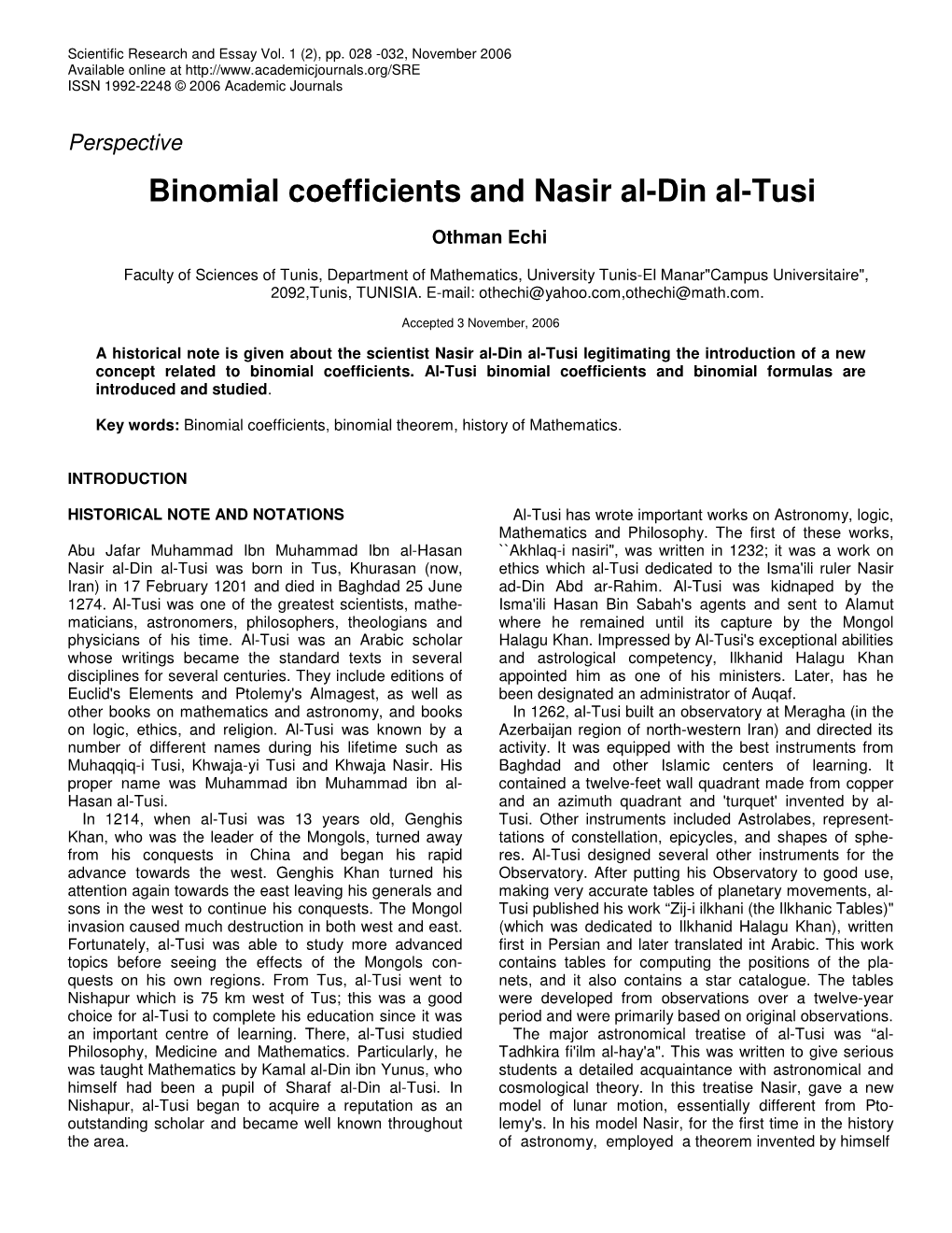 Binomial Coefficients and Nasir Al-Din Al-Tusi