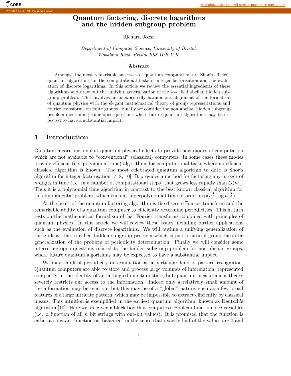 Quantum Factoring, Discrete Logarithms and the Hidden Subgroup Problem