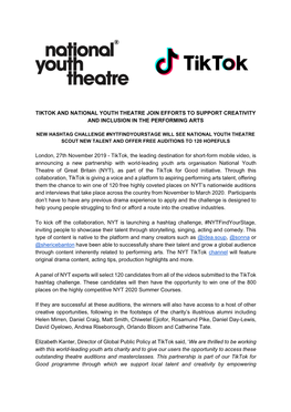 Tiktok and National Youth Theatre Join Efforts to Support Creativity and Inclusion in the Performing Arts