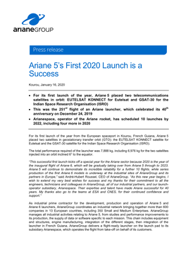 Ariane 5'S First 2020 Launch Is a Success