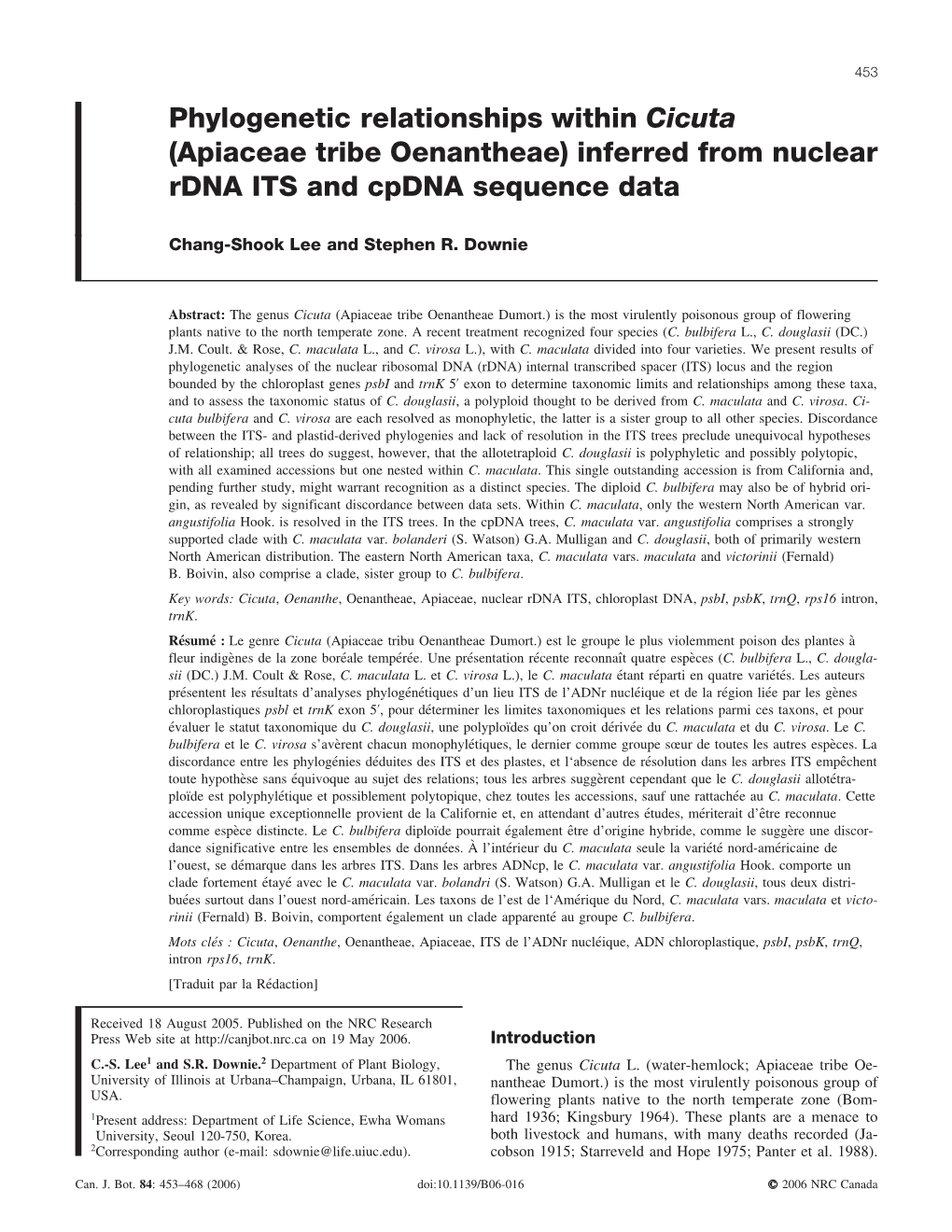 Phylogenetic Relationships Within Cicuta (Apiaceae Tribe Oenantheae) Inferred from Nuclear Rdna ITS and Cpdna Sequence Data