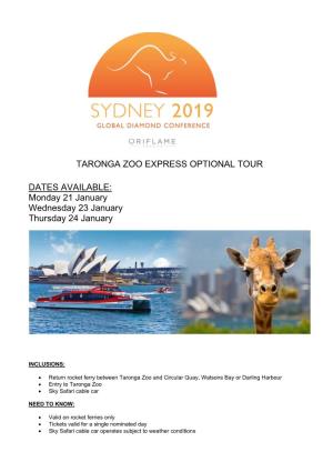 Taronga Zoo Express Optional Tour Dates