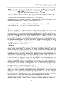 Malaysian ESL Students' Syntactic Accuracy in the Usage of English