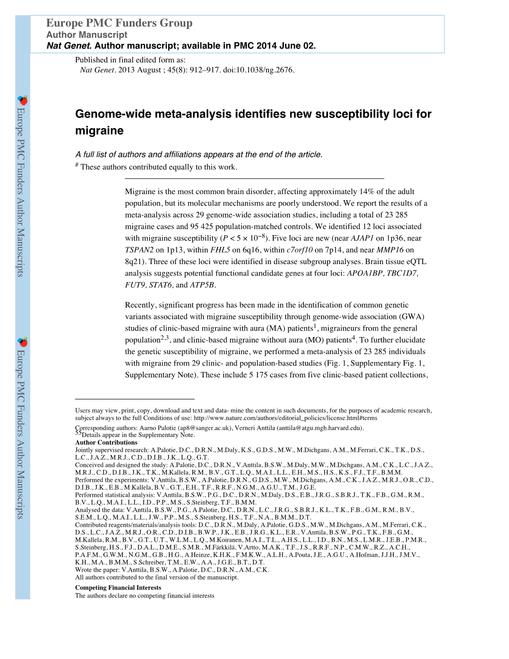 Genome-Wide Meta-Analysis Identifies New Susceptibility Loci for Migraine