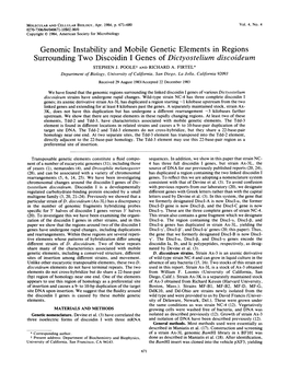 Genomic Instability and Mobile Genetic Elements in Regions Surrounding Two Discoidin I Genes of Dictyostelium Discoideum STEPHEN J