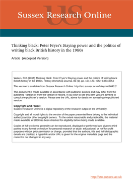 Thinking Black: Peter Fryer's Staying Power and the Politics of Writing Black British History in the 1980S