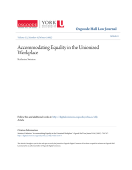 Accommodating Equality in the Unionized Workplace Katherine Swinton